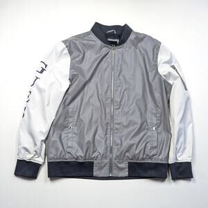 Guess Bomber Jacket Mens Size XXL Silver Reflective Spellout Sleeve